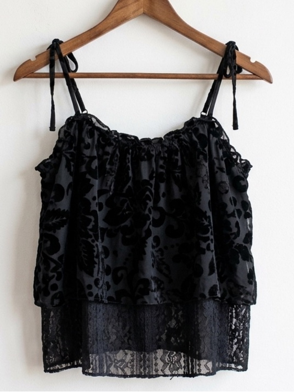 Semi-sheer POL Velvet Ribbon Shoulder Tie Floral Burnout Double Layered Lace Cam